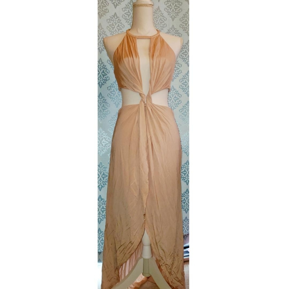 Bebe nude color body contour halter hi-lo dress M